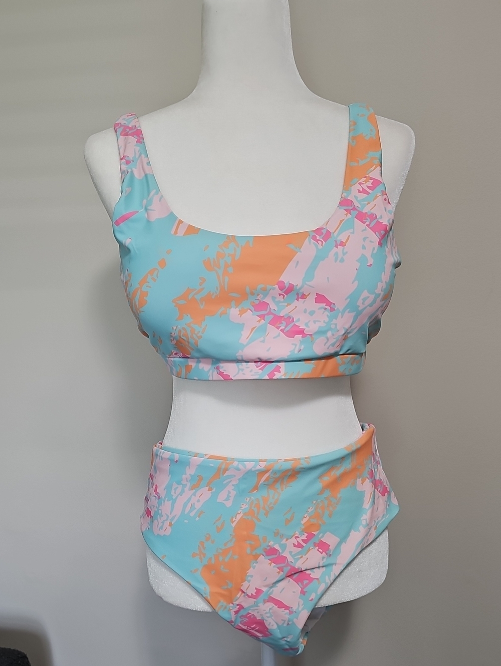 NWT Pastel Abstract Two-Piece Swimsuit Set - Size XL (Sky Blue Mix)